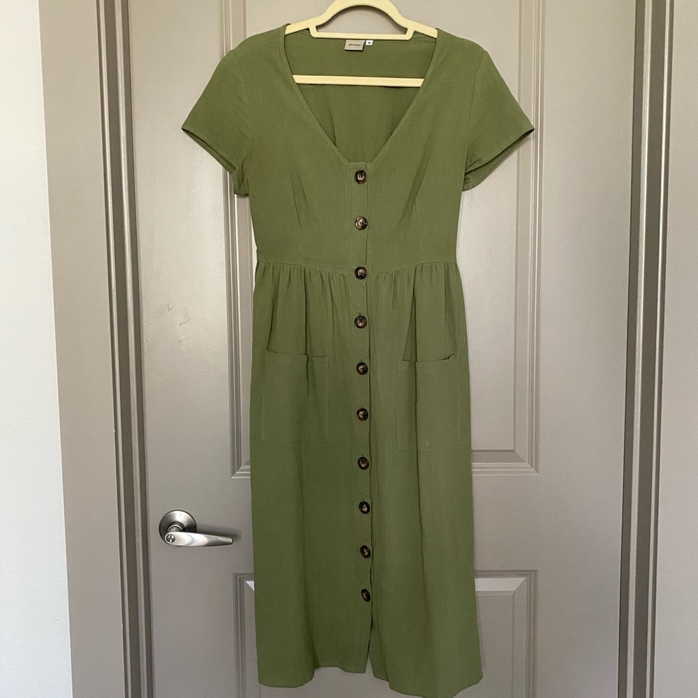 ROOLEE Olive Green Button Down Linen Midi Dress
